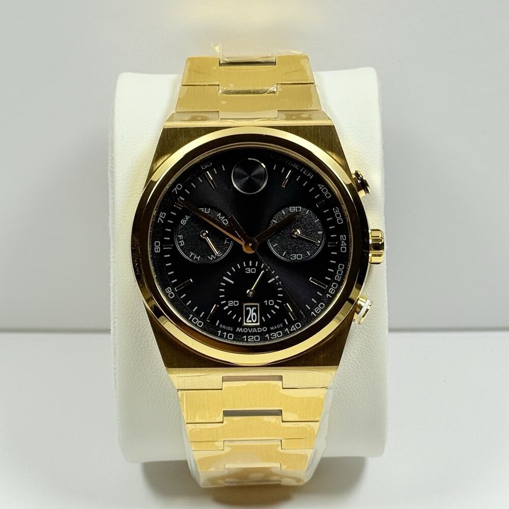 New- Movado Bold Quest 3601198 Chronograph Black Dial Yellow Tone Men's Watch